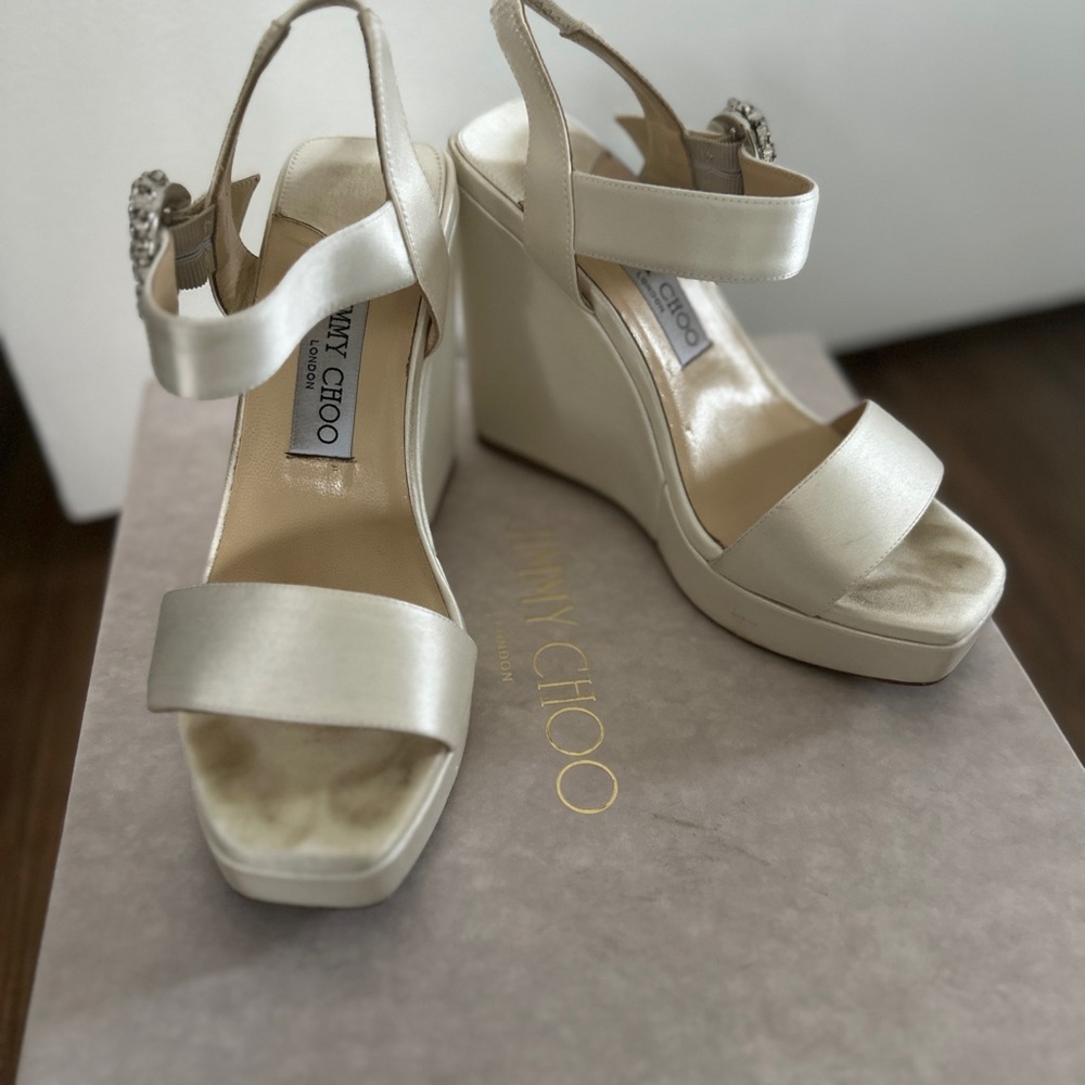 Jimmy Choo satin ivory wedges